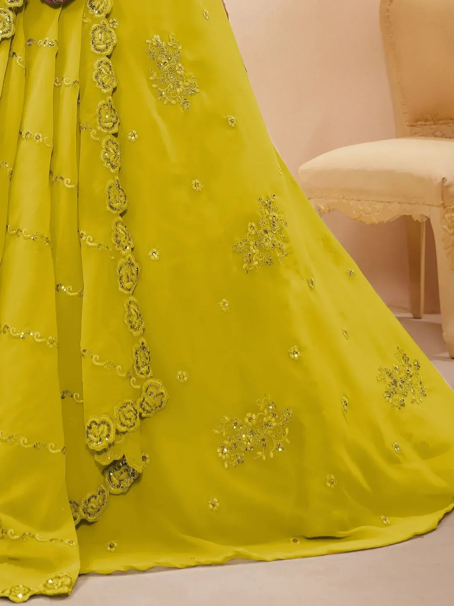 Tulsi Art Adorable Neon Yellow Sequins Georgette Wedding Wear Lehenga Choli