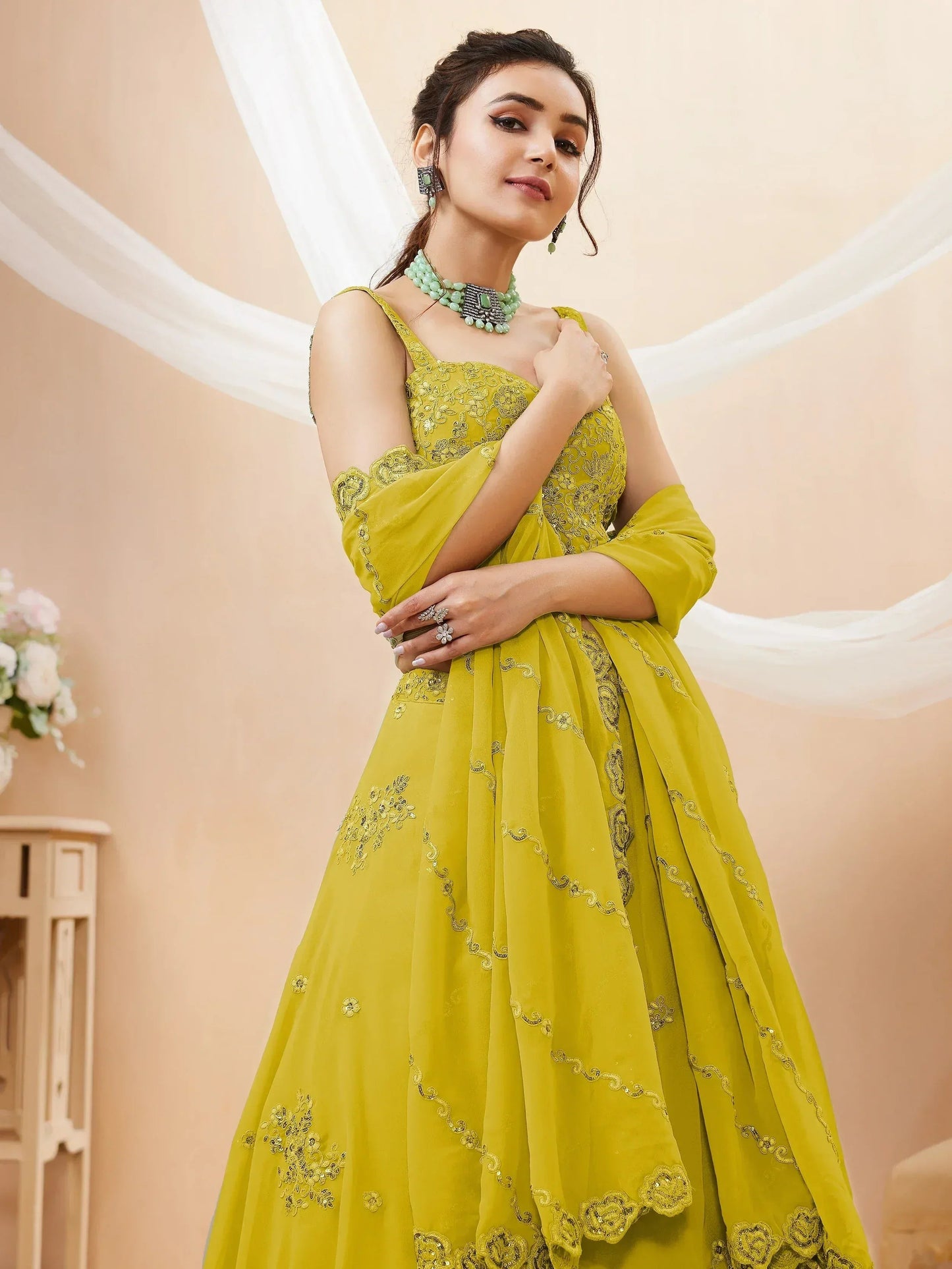 Tulsi Art Adorable Neon Yellow Sequins Georgette Wedding Wear Lehenga Choli