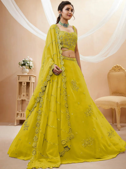 Tulsi Art Adorable Neon Yellow Sequins Georgette Wedding Wear Lehenga Choli