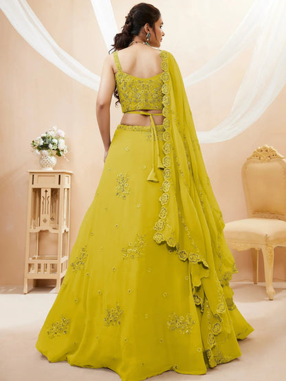 Tulsi Art Adorable Neon Yellow Sequins Georgette Wedding Wear Lehenga Choli