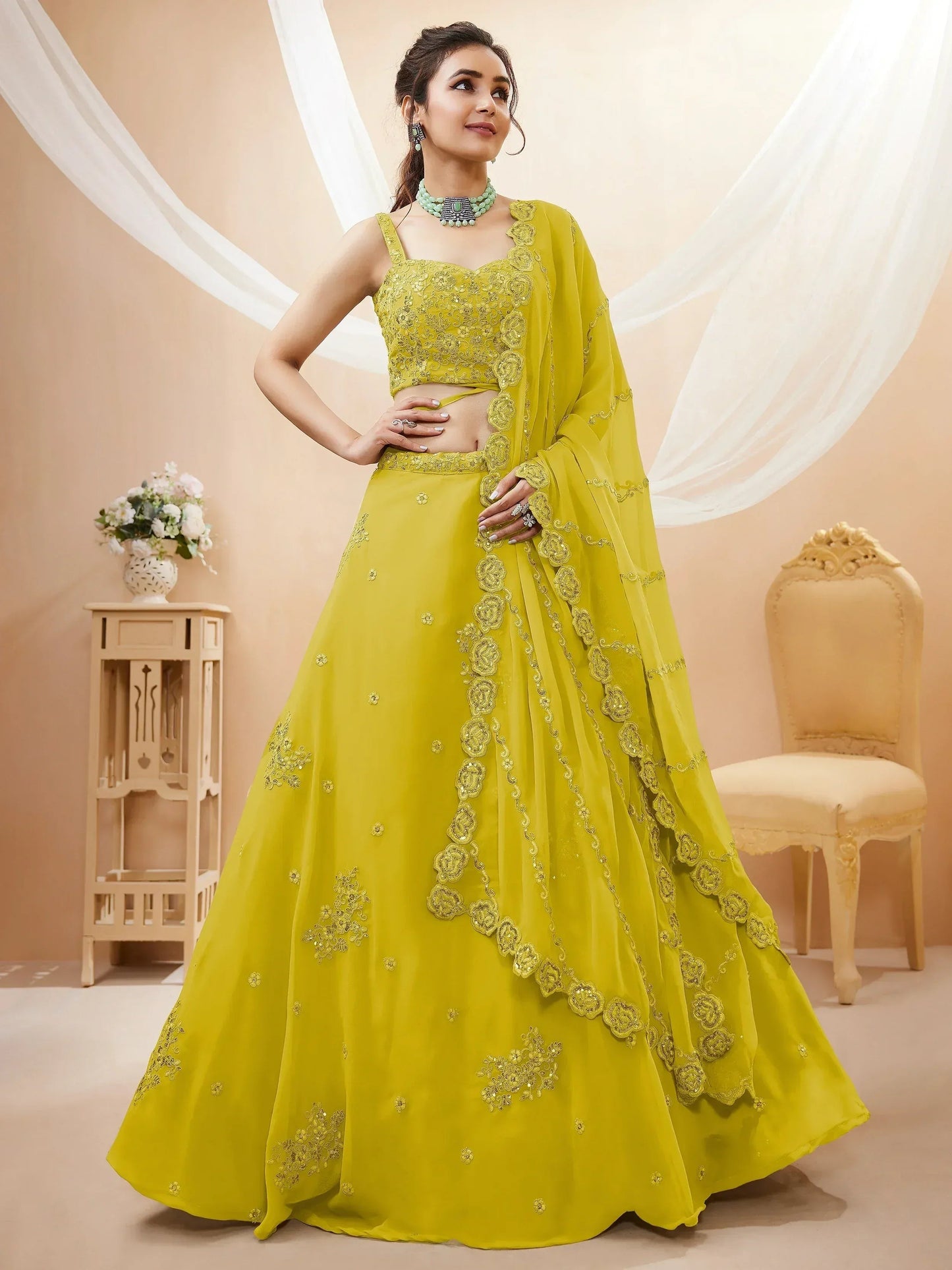 Tulsi Art Adorable Neon Yellow Sequins Georgette Wedding Wear Lehenga Choli