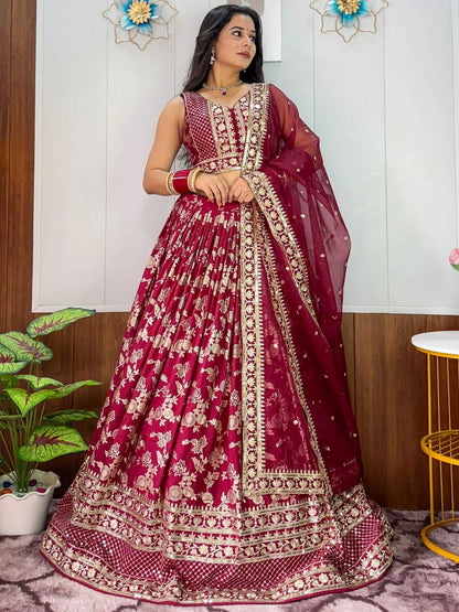 Tulsi Art Charming Maroon Zari Weaving Silk Wedding Lehenga Choli With Dupatta