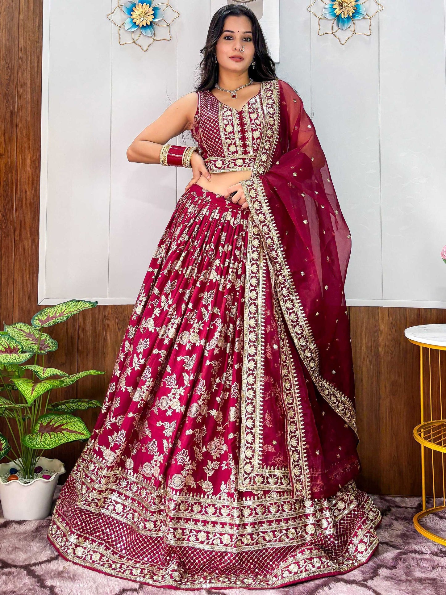 Tulsi Art Charming Maroon Zari Weaving Silk Wedding Lehenga Choli With Dupatta