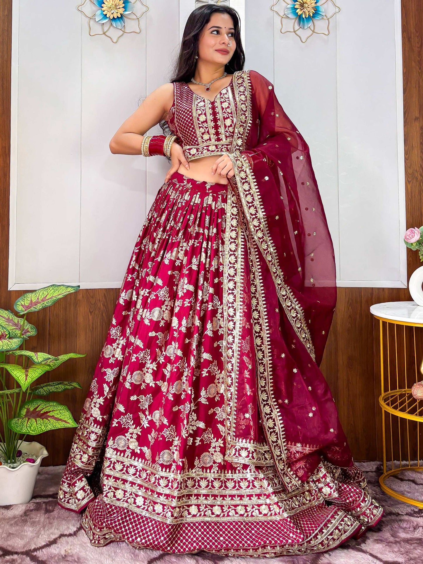 Tulsi Art Charming Maroon Zari Weaving Silk Wedding Lehenga Choli With Dupatta