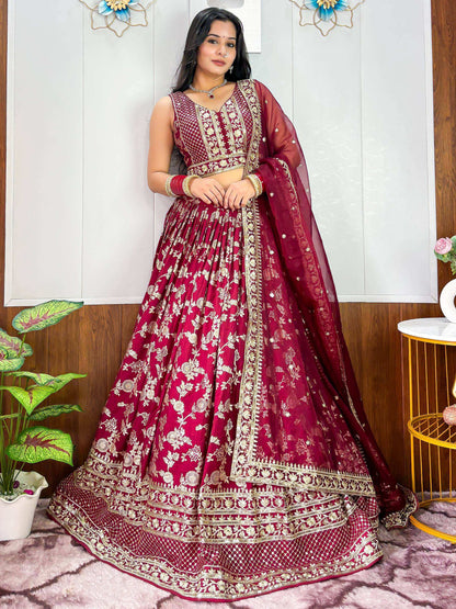 Tulsi Art Charming Maroon Zari Weaving Silk Wedding Lehenga Choli With Dupatta