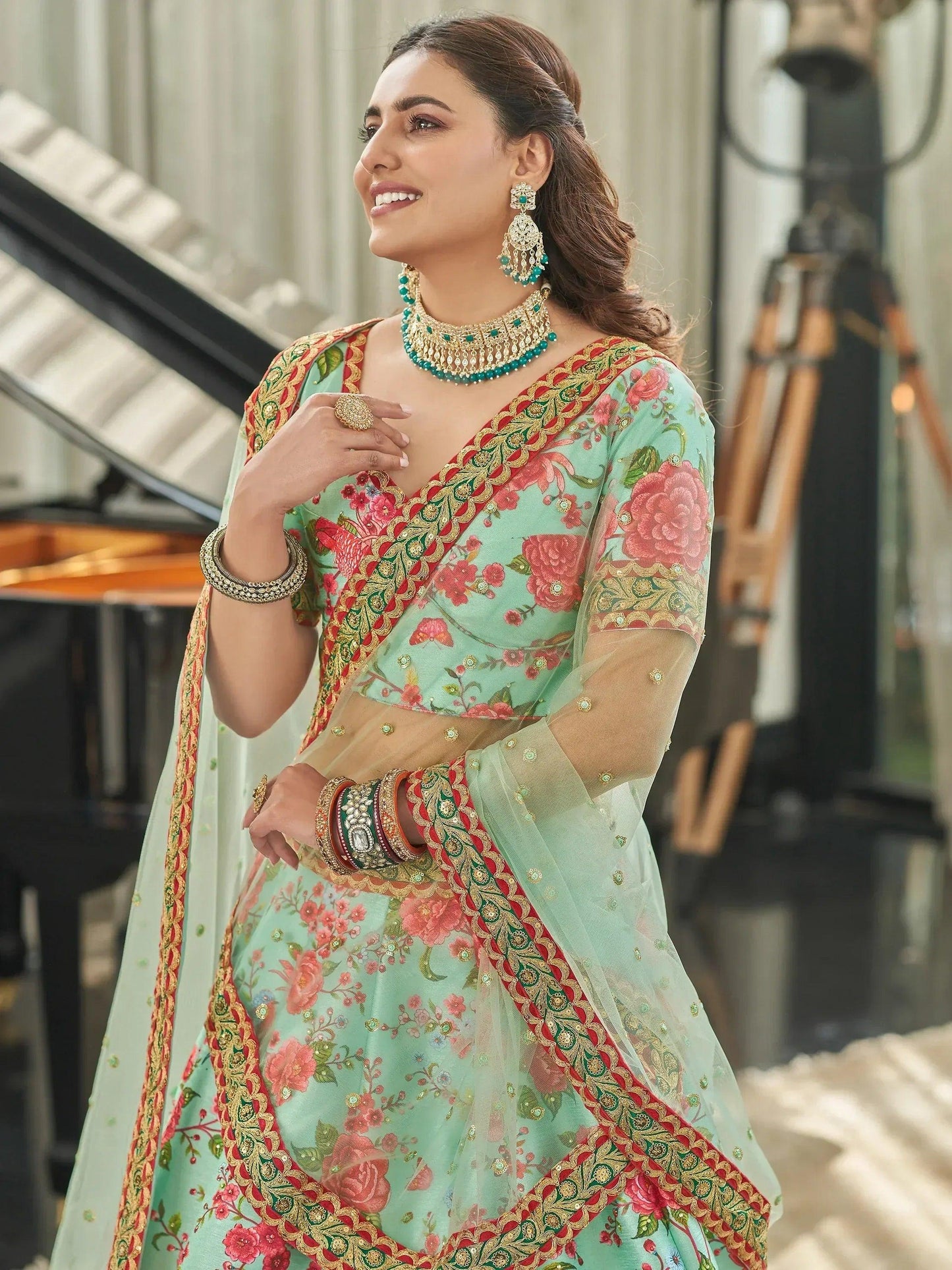 Tulsi Art Spectacular Mint Green Floral Printed Art Silk Lehenga Choli