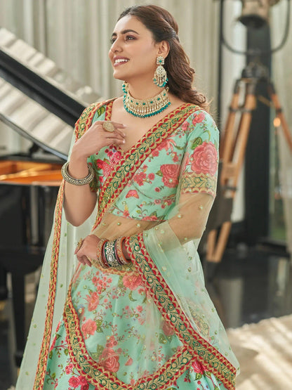 Tulsi Art Spectacular Mint Green Floral Printed Art Silk Lehenga Choli