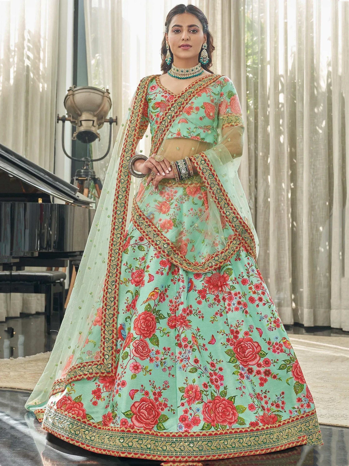 Tulsi Art Spectacular Mint Green Floral Printed Art Silk Lehenga Choli