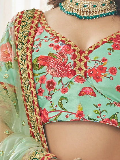 Tulsi Art Spectacular Mint Green Floral Printed Art Silk Lehenga Choli