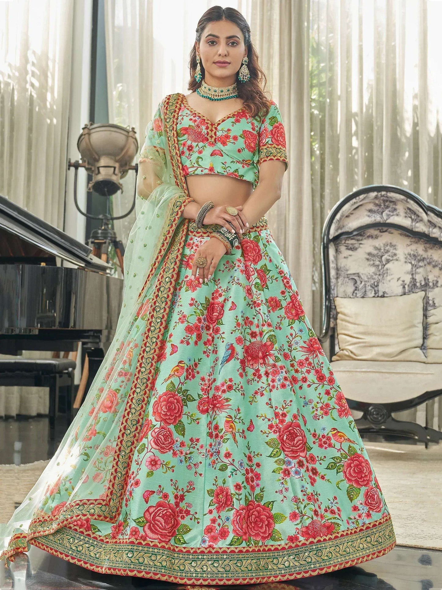 Tulsi Art Spectacular Mint Green Floral Printed Art Silk Lehenga Choli