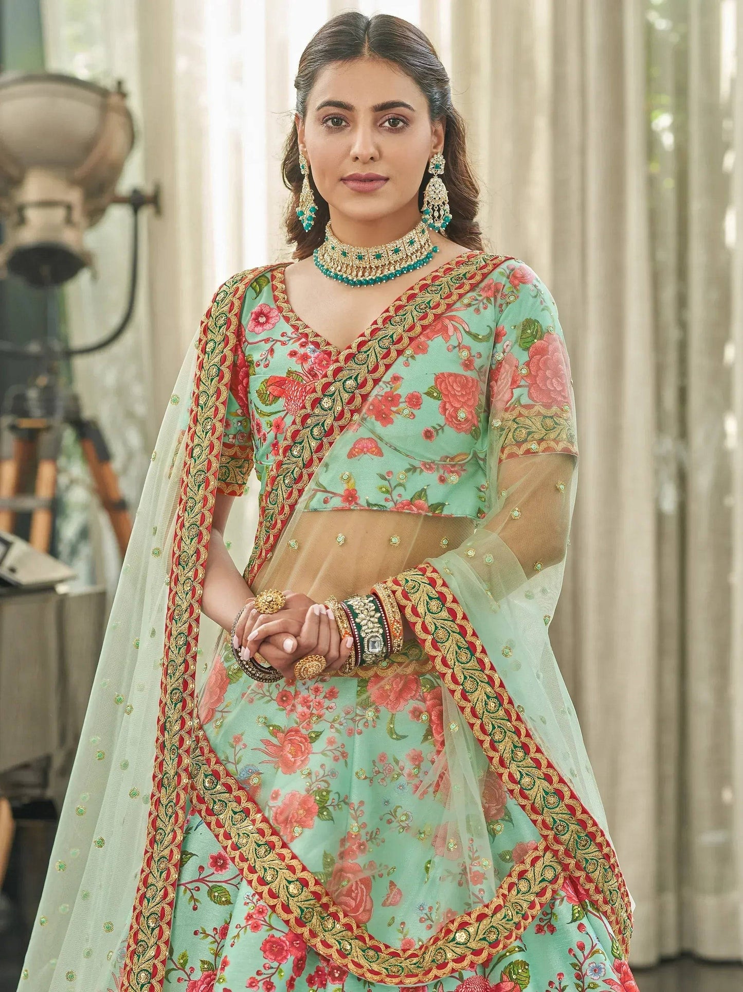 Tulsi Art Spectacular Mint Green Floral Printed Art Silk Lehenga Choli