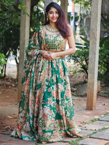 Tulsi Art Attractive Green Floral Printed Organza Wedding Wear Lehenga Choli