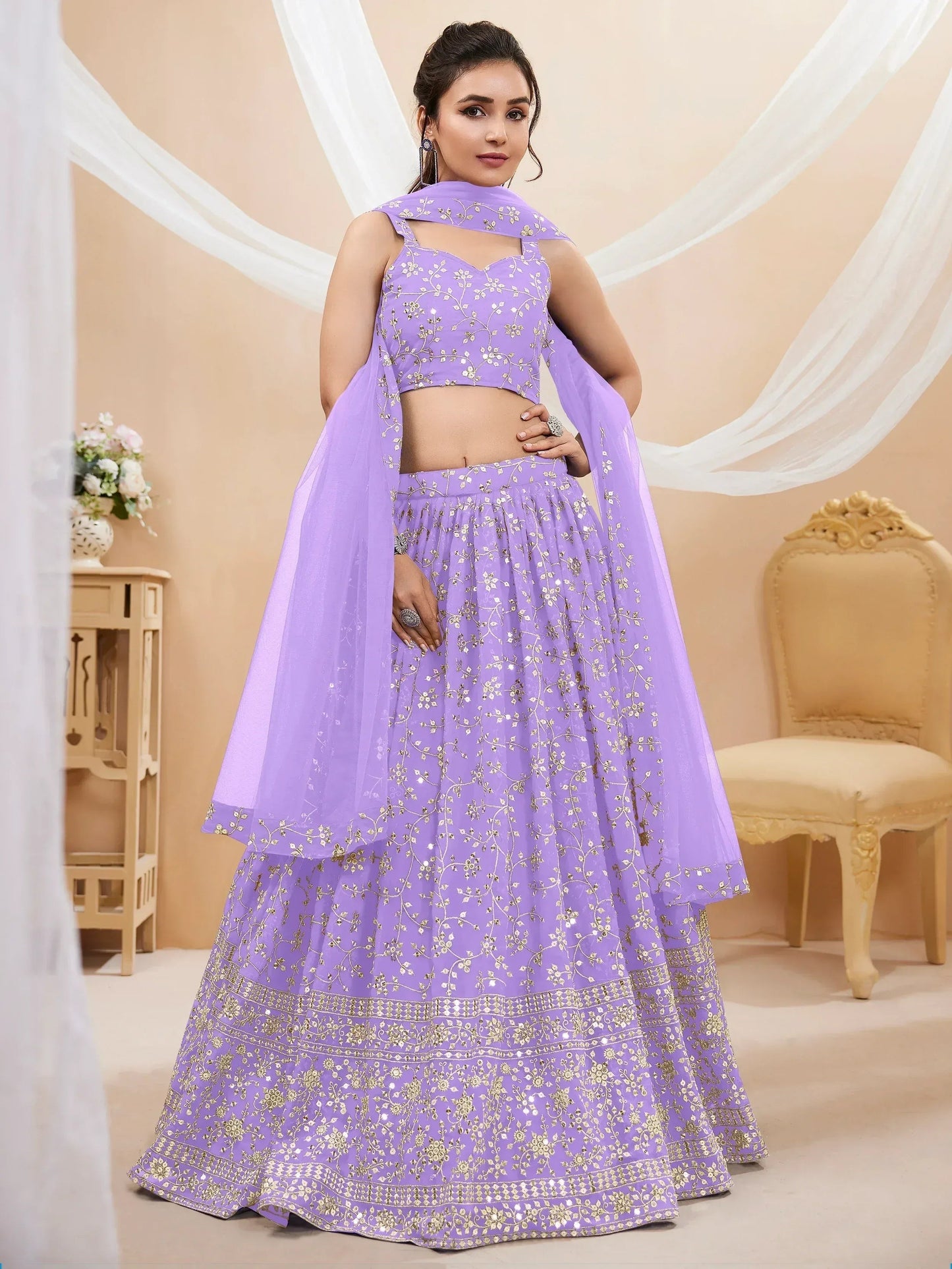Tulsi Art Enchanting Lavender Sequins Georgette Lehenga Choli With Dupatta