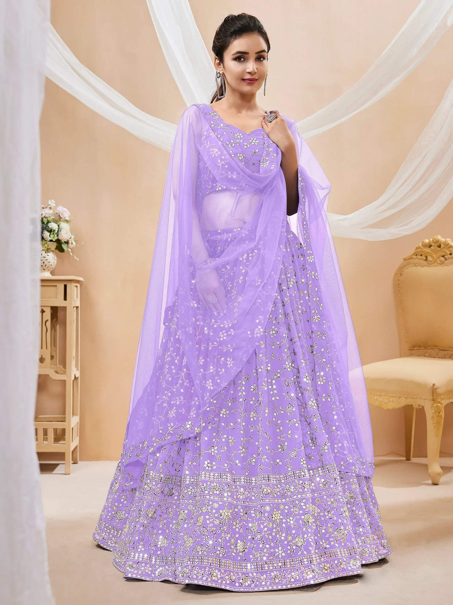 Tulsi Art Enchanting Lavender Sequins Georgette Lehenga Choli With Dupatta
