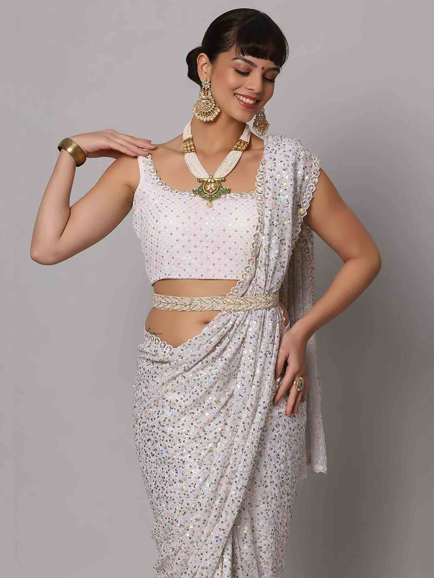 Tulsi Art Beautiful White Sequins Georgette Party Wear Saree With Blouse