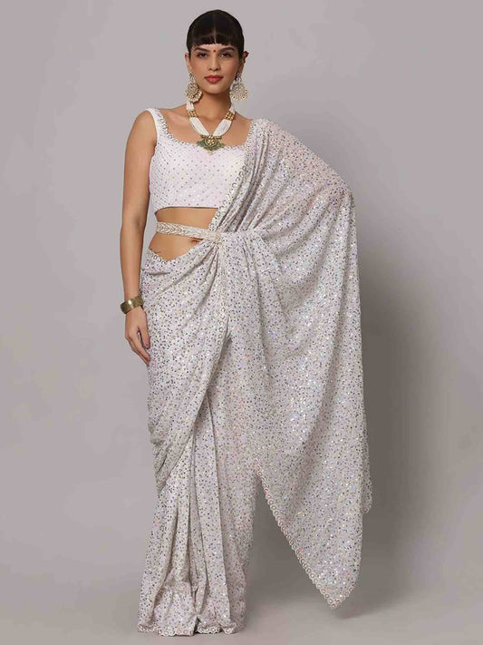 Tulsi Art Beautiful White Sequins Georgette Party Wear Saree With Blouse