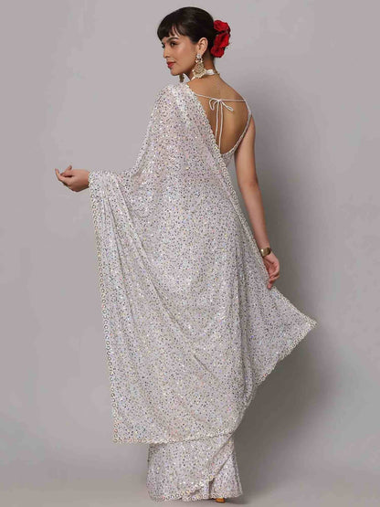 Tulsi Art Beautiful White Sequins Georgette Party Wear Saree With Blouse