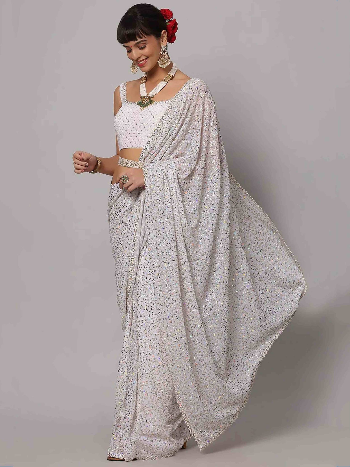 Tulsi Art Beautiful White Sequins Georgette Party Wear Saree With Blouse