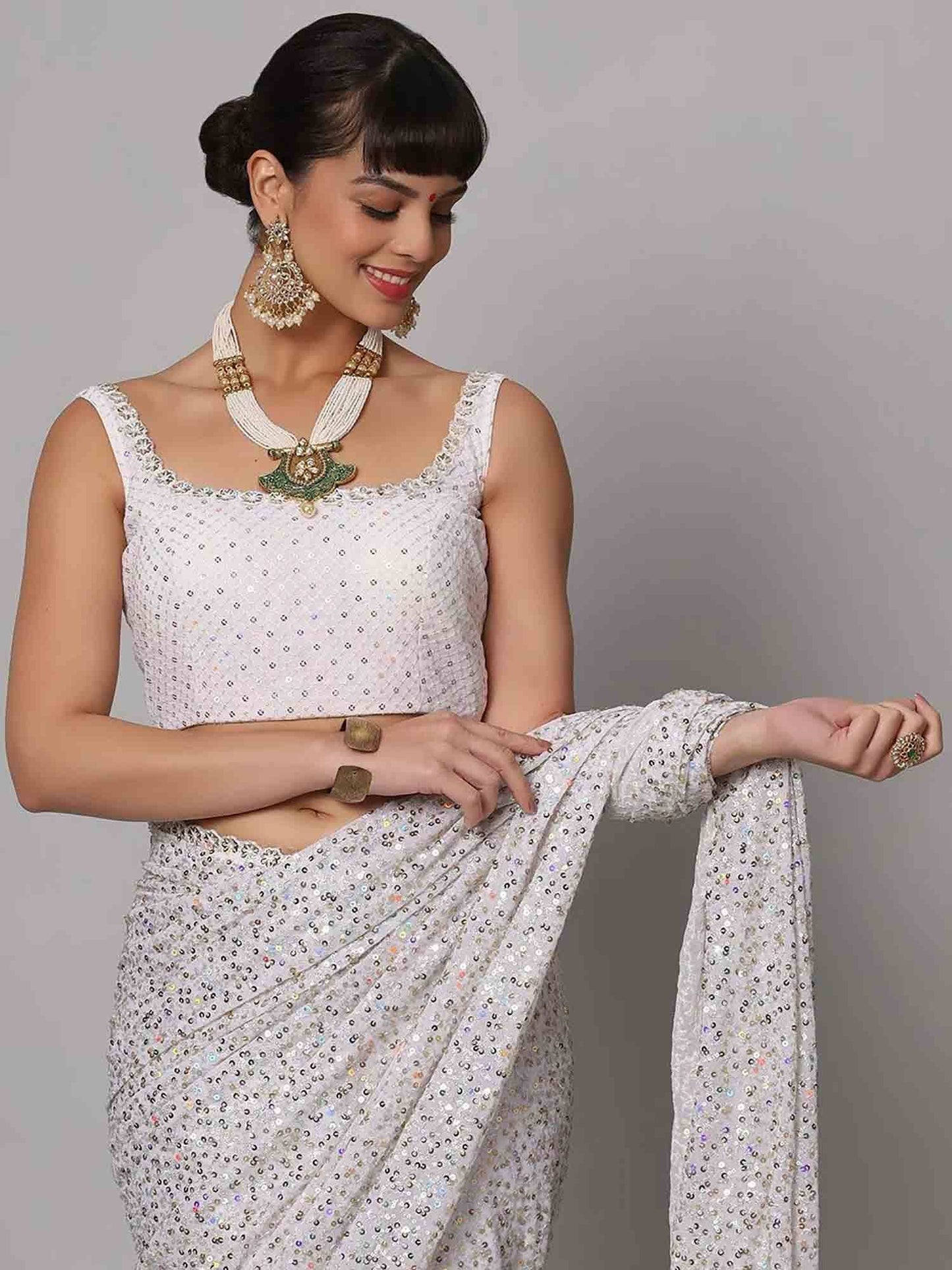 Tulsi Art Beautiful White Sequins Georgette Party Wear Saree With Blouse