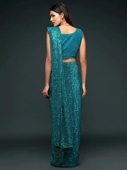 Tulsi Art Sabyasachi Teal Blue Sequins Georgette Party Wear Saree With Blouse