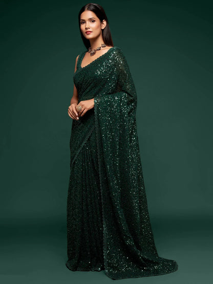 Tulsi Art Sabyasachi Bottle Green Sequins Georgette Party Wear Saree With Blouse