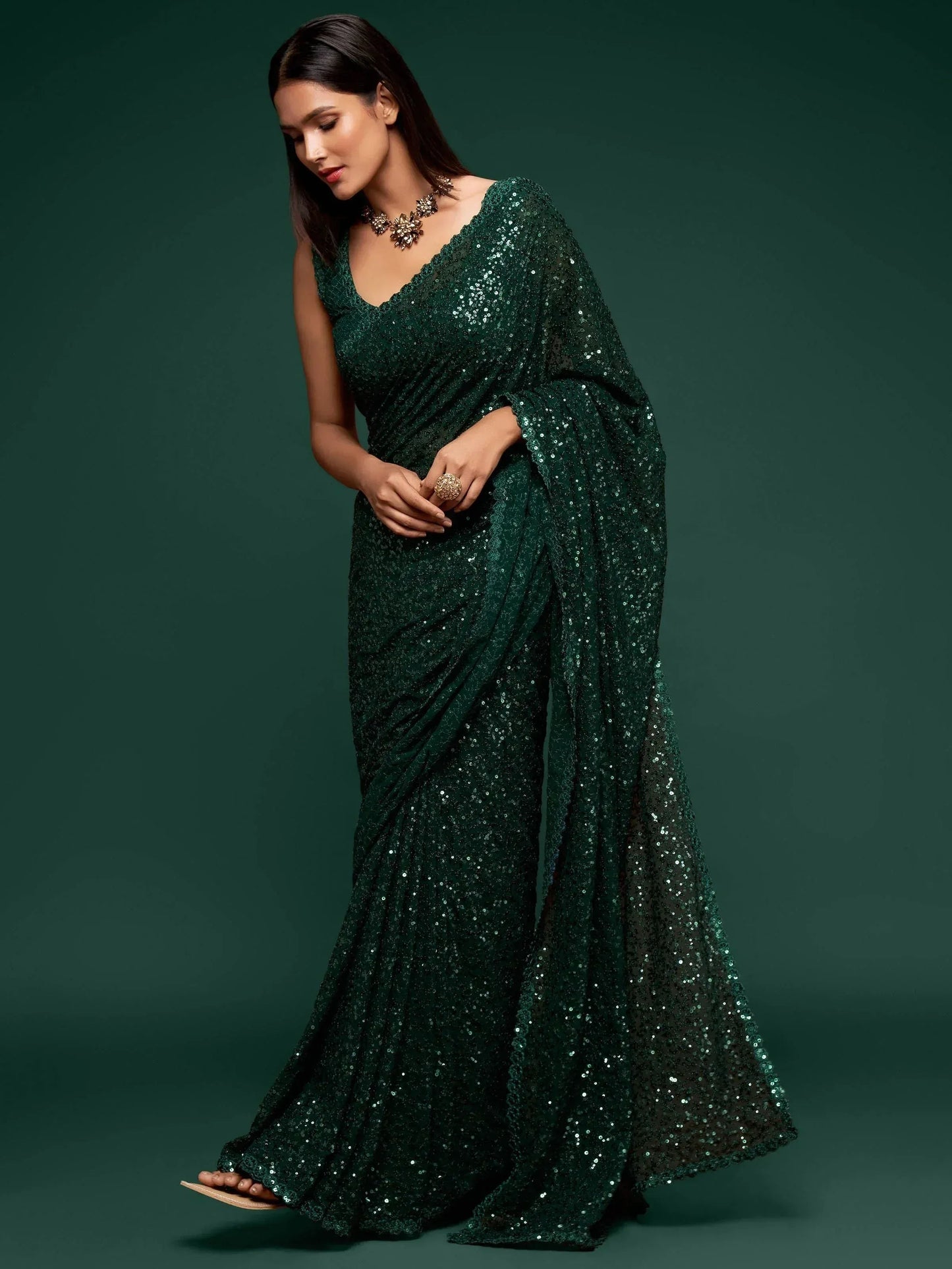 Tulsi Art Sabyasachi Bottle Green Sequins Georgette Party Wear Saree With Blouse