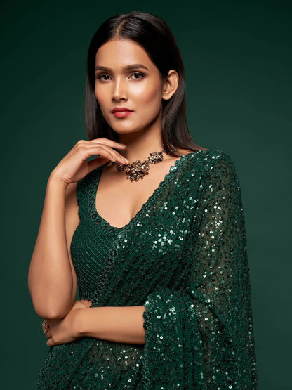 Tulsi Art Sabyasachi Bottle Green Sequins Georgette Party Wear Saree With Blouse