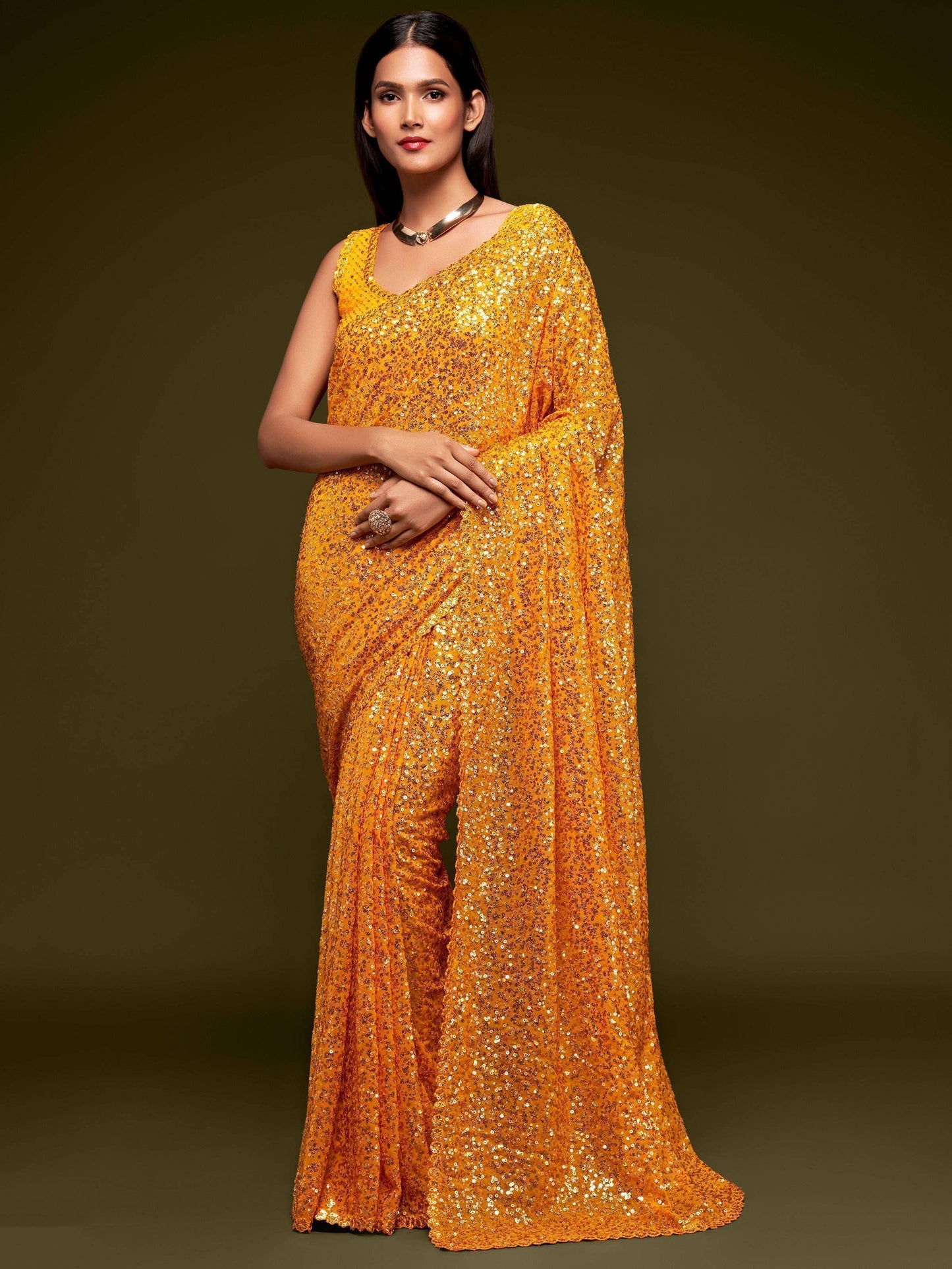 Tulsi Art Sabyasachi Yellow Sequins Georgette Party Wear Saree With Blouse