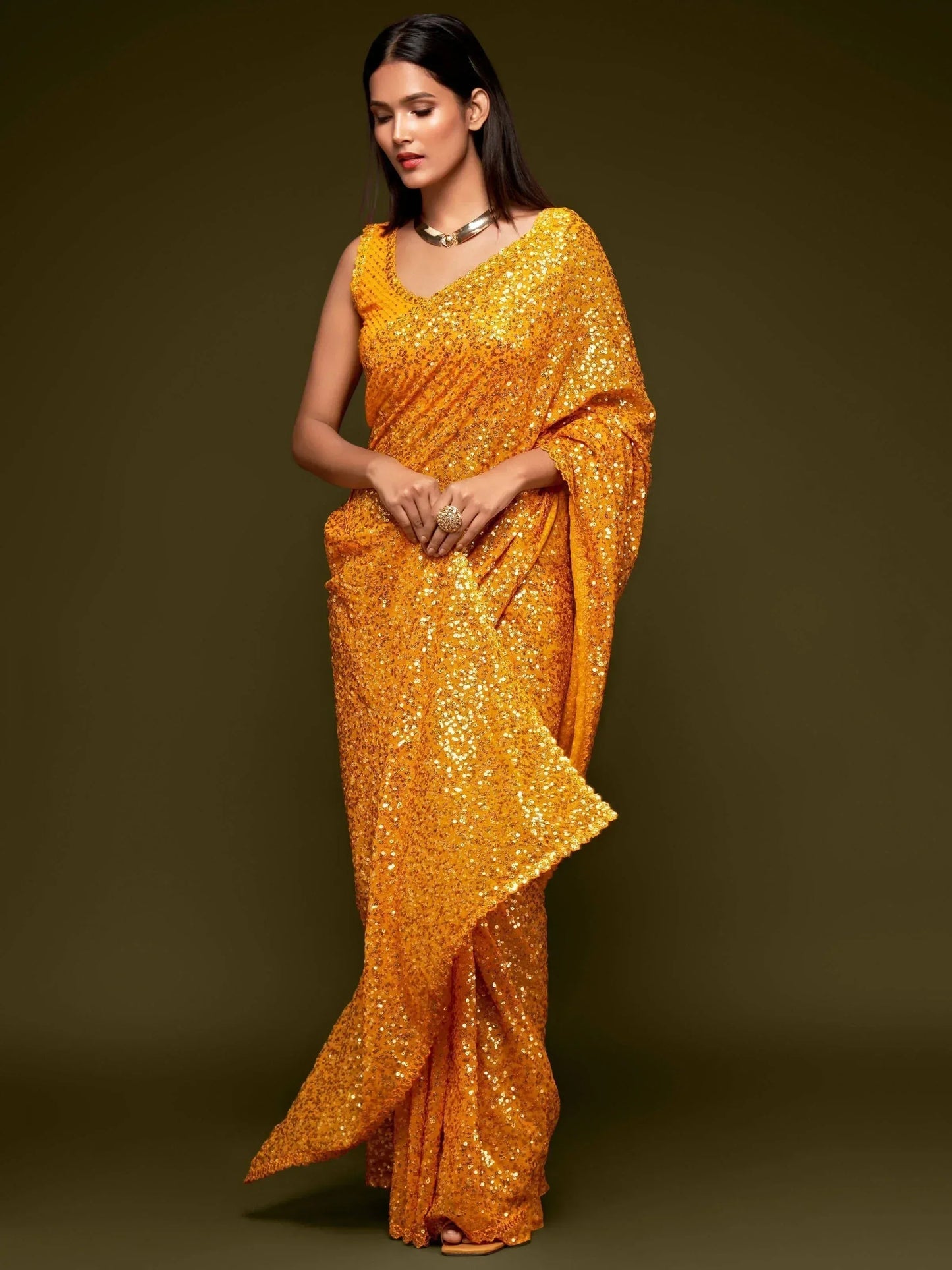 Tulsi Art Sabyasachi Yellow Sequins Georgette Party Wear Saree With Blouse
