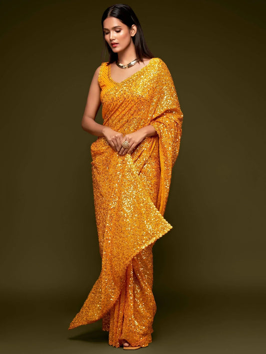 Tulsi Art Sabyasachi Yellow Sequins Georgette Party Wear Saree With Blouse
