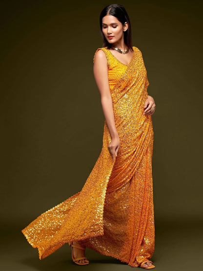 Tulsi Art Sabyasachi Yellow Sequins Georgette Party Wear Saree With Blouse