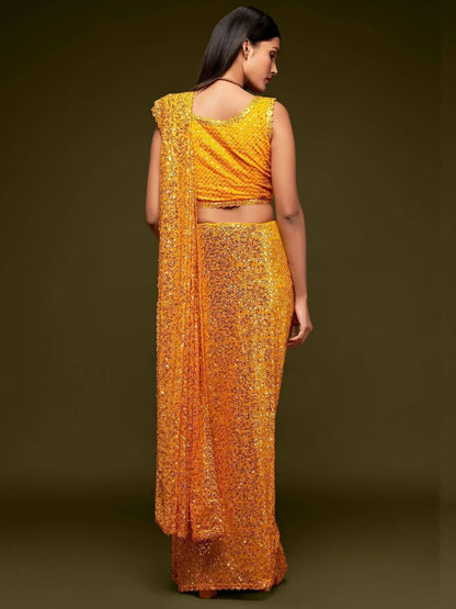 Tulsi Art Sabyasachi Yellow Sequins Georgette Party Wear Saree With Blouse