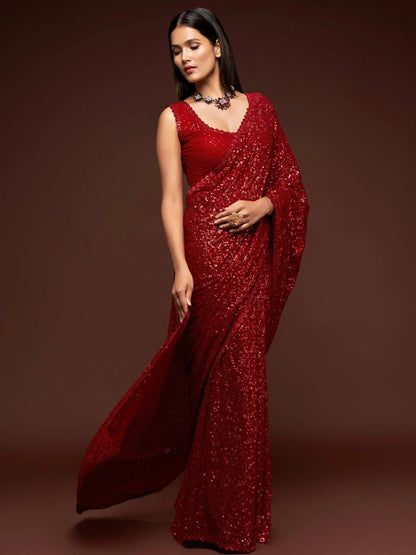 Tulsi Art Sabyasachi Red Sequins Party Wear Saree With Blouse