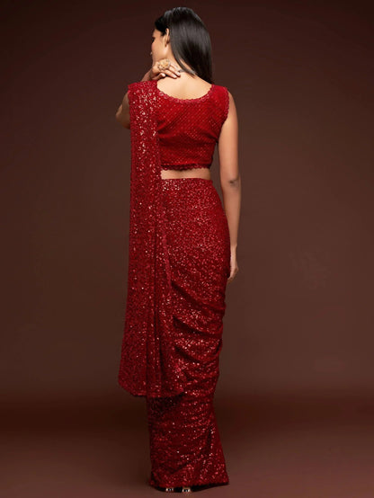 Tulsi Art Sabyasachi Red Sequins Party Wear Saree With Blouse
