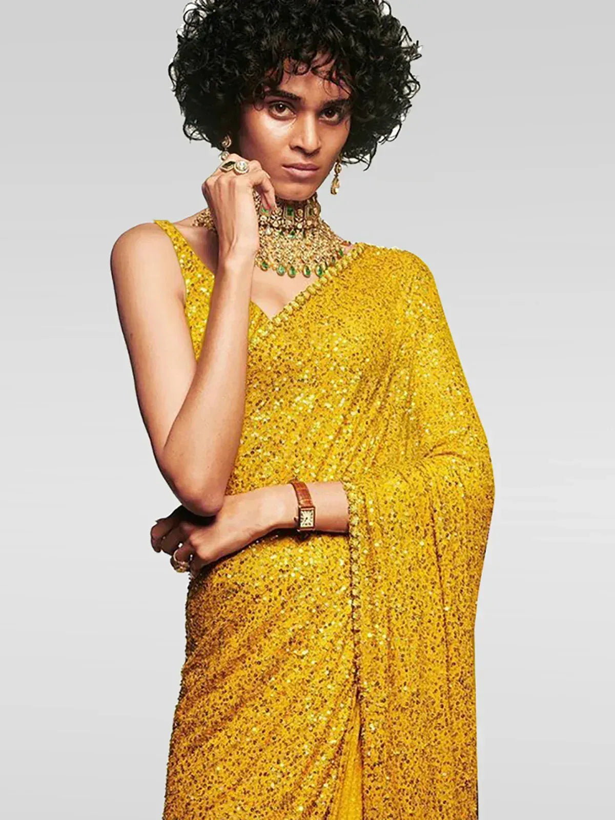 Tulsi Art Sabyasachi Yellow Sequins Georgette Party Wear Saree With Blouse