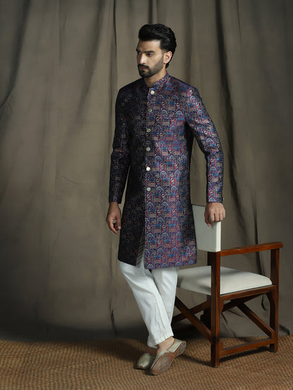 Zavaya Navy Blue Embroidery Jacquard Sherwani Pyjama Set for Men