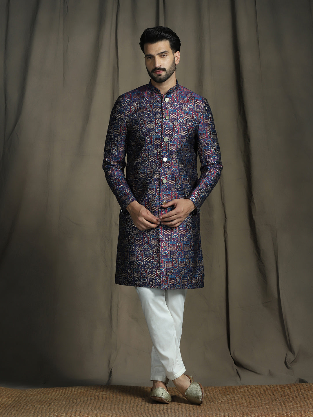 Zavaya Navy Blue Embroidery Jacquard Sherwani Pyjama Set for Men