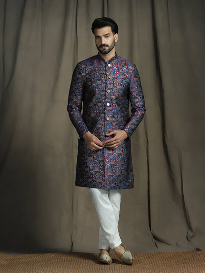 Zavaya Navy Blue Embroidery Jacquard Sherwani Pyjama Set for Men