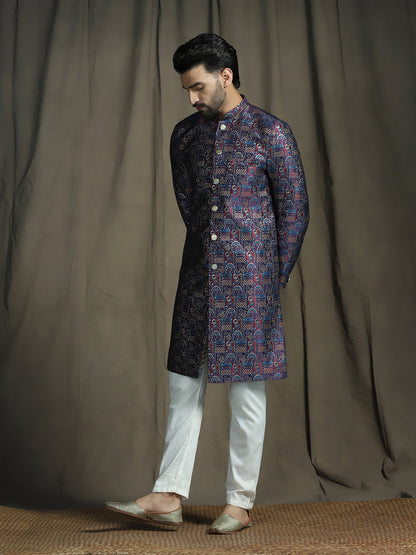 Zavaya Navy Blue Embroidery Jacquard Sherwani Pyjama Set for Men