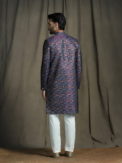 Zavaya Navy Blue Embroidery Jacquard Sherwani Pyjama Set for Men