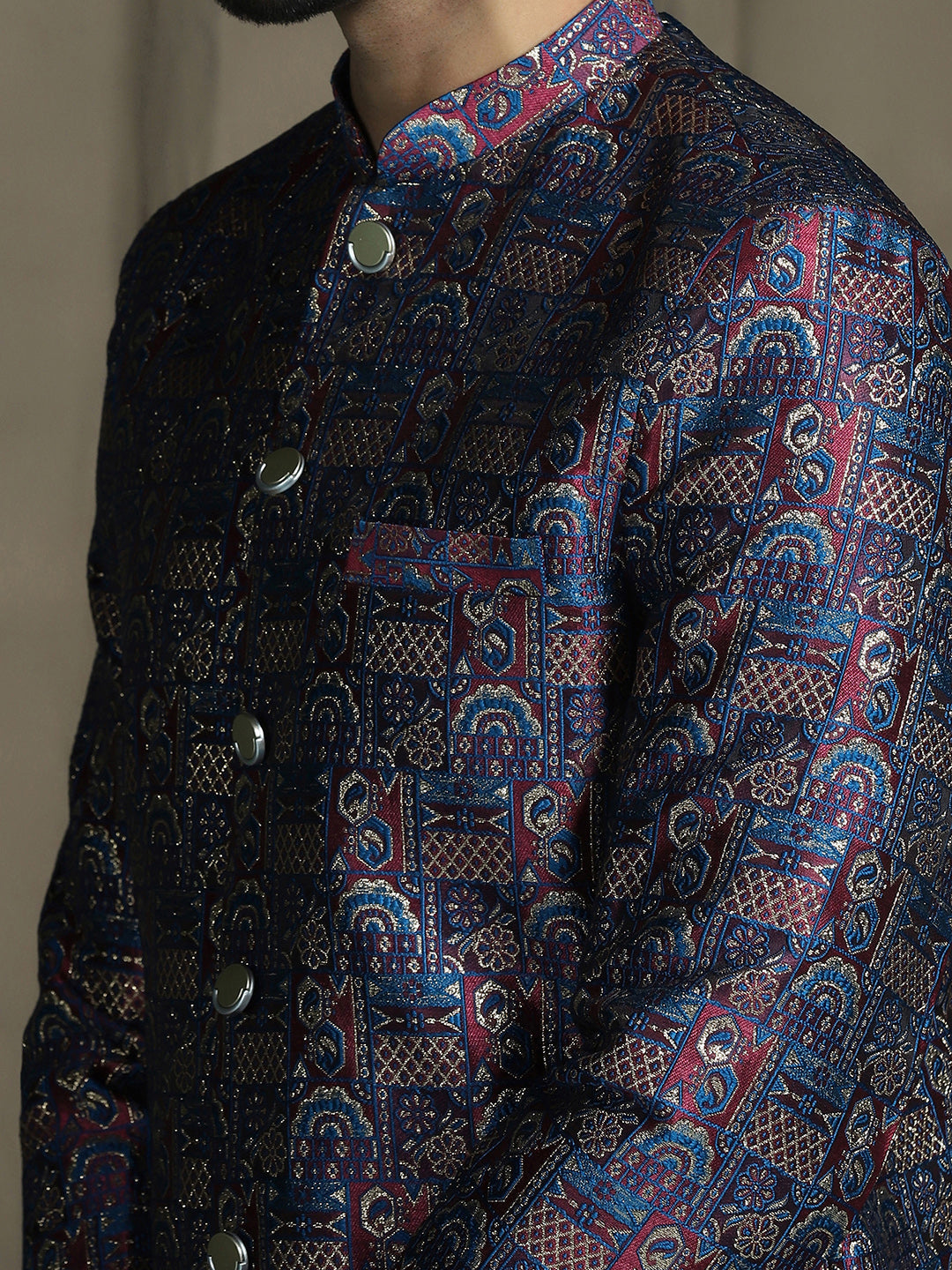 Zavaya Navy Blue Embroidery Jacquard Sherwani Pyjama Set for Men