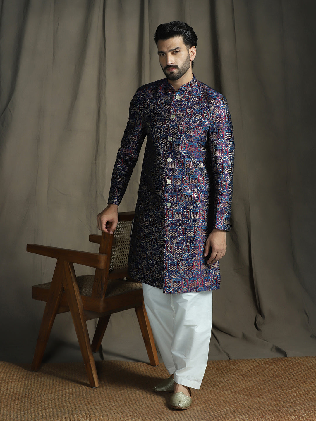 Zavaya Navy Blue Embroidery Jacquard Sherwani Patiala Set for Men