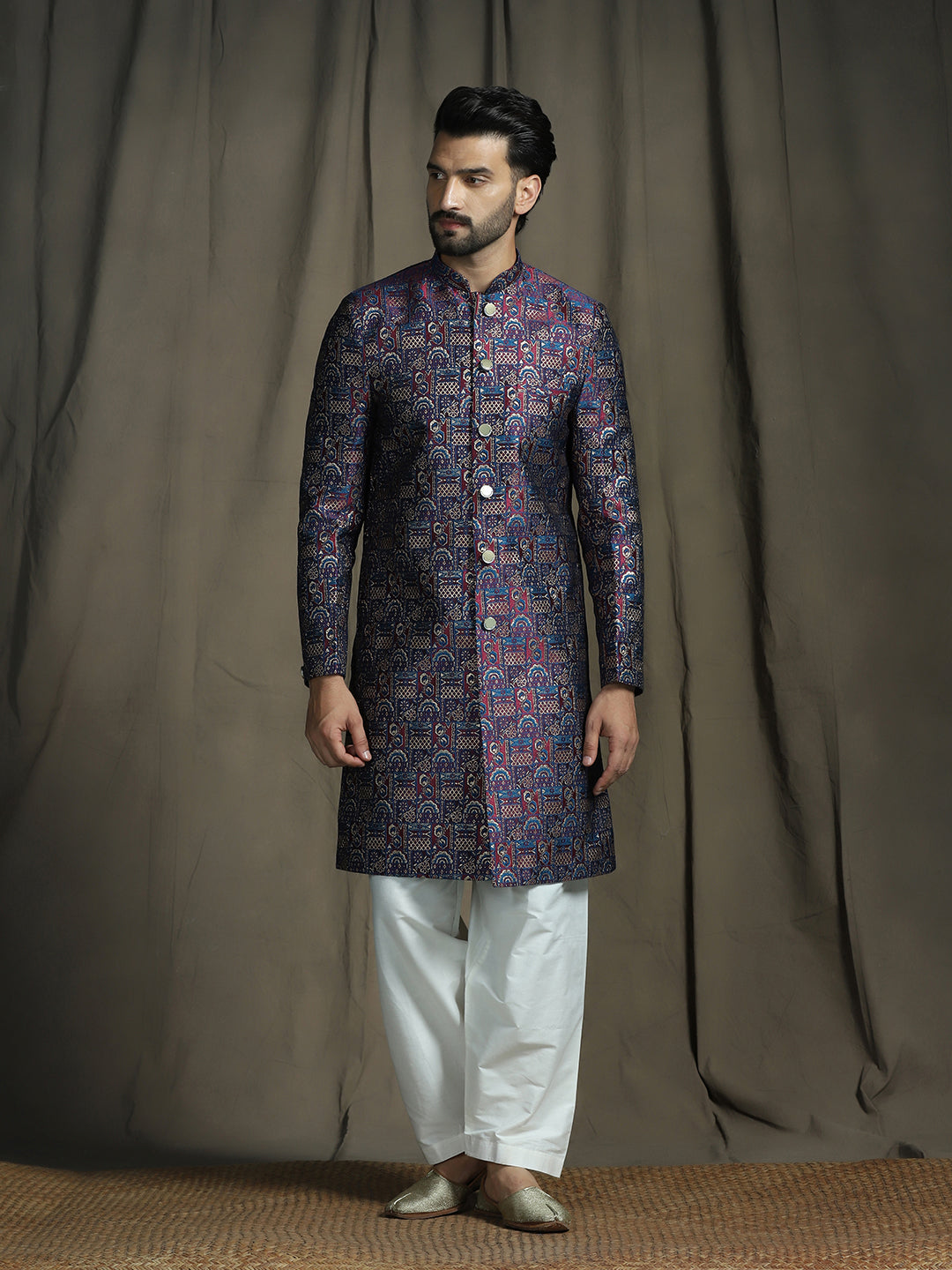 Zavaya Navy Blue Embroidery Jacquard Sherwani Patiala Set for Men