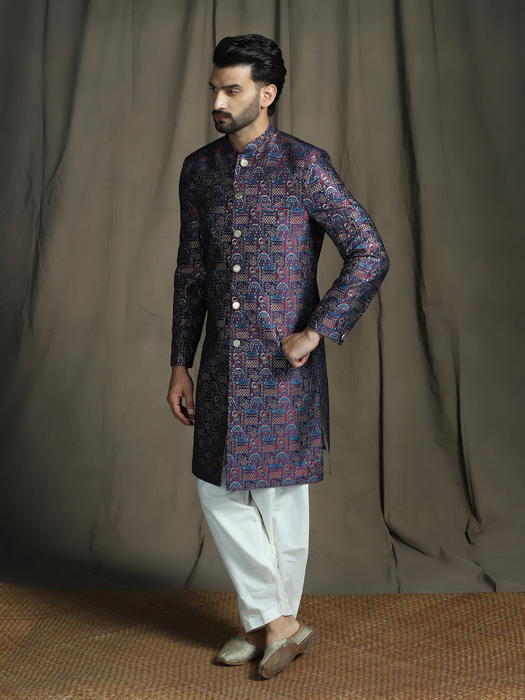 Zavaya Navy Blue Embroidery Jacquard Sherwani Patiala Set for Men
