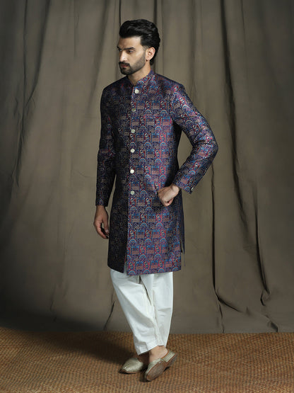 Zavaya Navy Blue Embroidery Jacquard Sherwani Patiala Set for Men