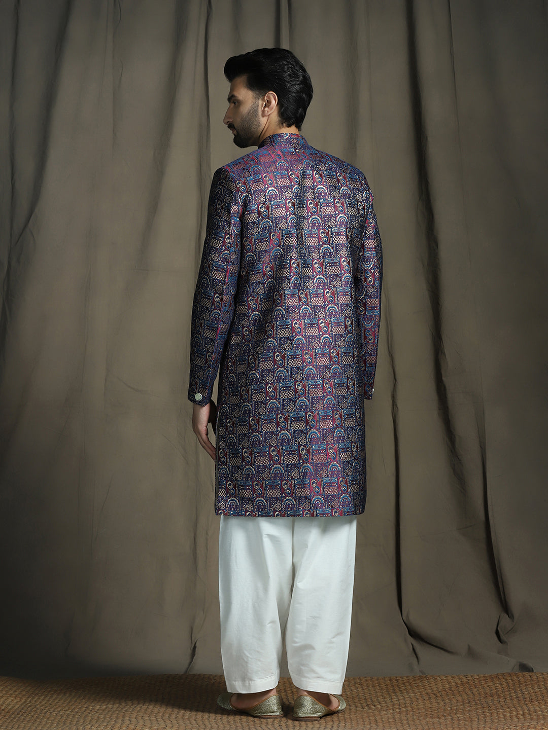 Zavaya Navy Blue Embroidery Jacquard Sherwani Patiala Set for Men