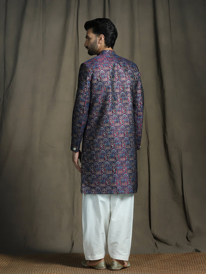 Zavaya Navy Blue Embroidery Jacquard Sherwani Patiala Set for Men