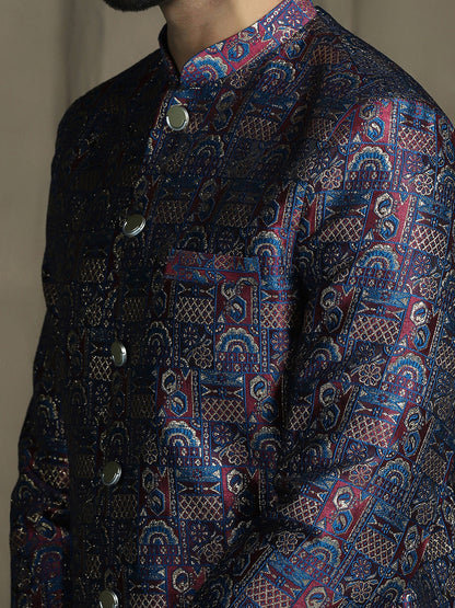 Zavaya Navy Blue Embroidery Jacquard Sherwani Patiala Set for Men
