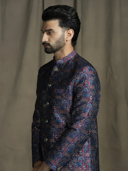 Zavaya Navy Blue Embroidery Jacquard Sherwani Patiala Set for Men