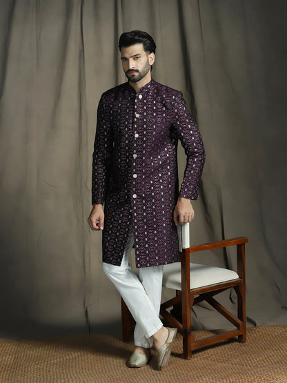 Zavaya Purple Embroidery Jacquard Sherwani Pyjama Set for Men